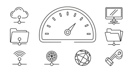 Fototapeta premium Icon set illustrating technology, connectivity, and digital infrastructure concepts with speedometer, globe, monitor, and network symbols.