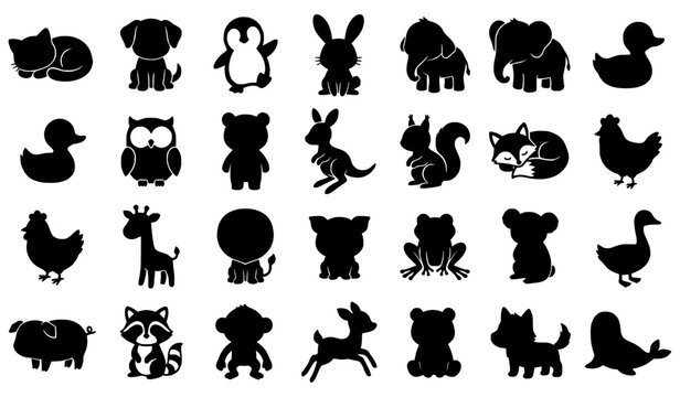 Collection of Black Silhouettes of Various Cute Animals on a White Background