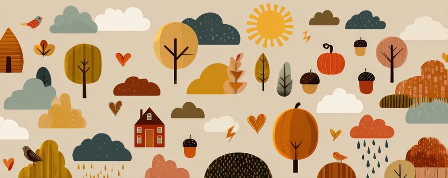 Whimsical fall illustration with cartoon trees, clouds, birds, hearts, and acorns