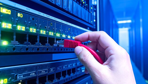 It technician plugging a red ethernet cable into a network switch in a data center server room