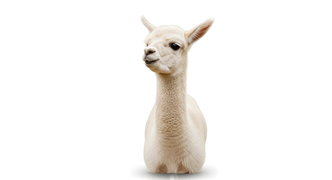 Portrait of a white alpaca or llama sitting and looking forward against a white background. High-key studio animal photography of a fluffy South American camelid for livestock and agriculture concepts