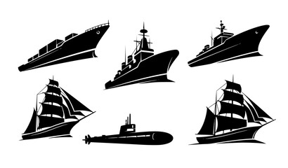 Stylized naval and merchant ship silhouettes with sailing vessel and submarine in dynamic composition isolated vector © MD