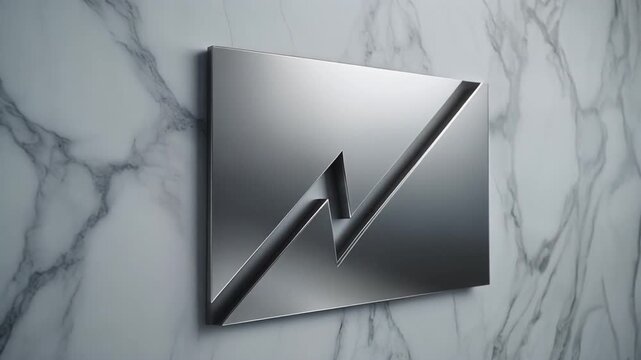 brushed metal logo installed on marble wall, clean minimalist office setting, smooth cinematic tracking shot
