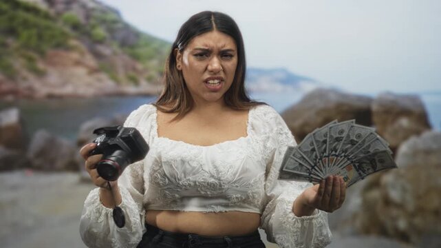 Woman holding a dslr camera in one hand and fanning us dollar bills in the other on a rocky beach, skeptical grimace; monetization doubt business skepticism.