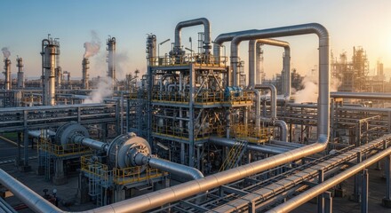 Fototapeta premium Complex industrial plant with pipes, tanks, and structures under sunlight.