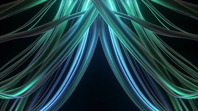 Glowing teal strands intertwined in futuristic cross pattern on dark backdrop
