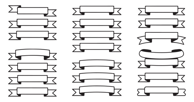 Set of outline ribbon banners with decorative stitching, vintage style design elements.