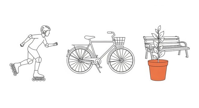 Rollerblader, Bicycle, and Potted Plant: Vector Illustration of Outdoor Activities and Nature