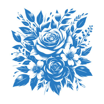 Blue Floral Arrangement: A Stylized Illustration of Roses and Blossoms