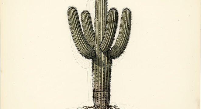 Detailed botanical illustration of a large, columnar cactus, showcasing its structure