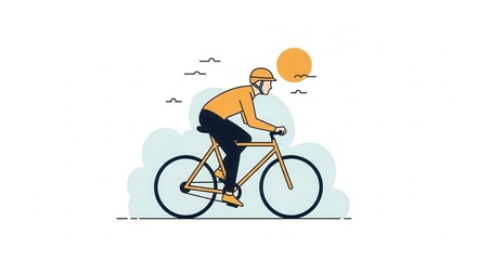 Obraz premium Man Cycling Outdoors on Sunny Day with Clouds and Birds