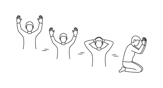 Man praying in sequence, raising hands, bowing head, kneeling in devotion