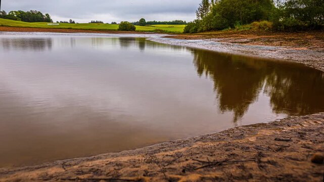 Still lake water reflecting trees along shrinking shoreline during drought in rural landscape