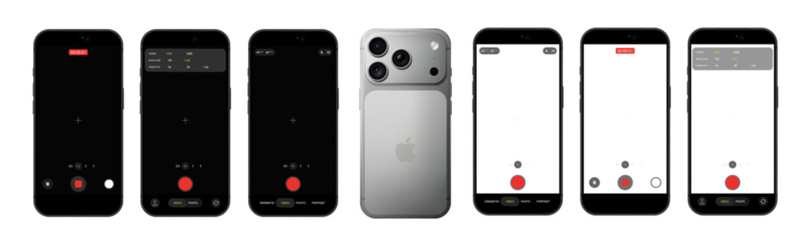 Photorealistic detailed Apple Iphone 17 Pro Max Silver video camera mockup template isolated. iOS 26, liquid grass 2026 design. Vector editorial illustration
