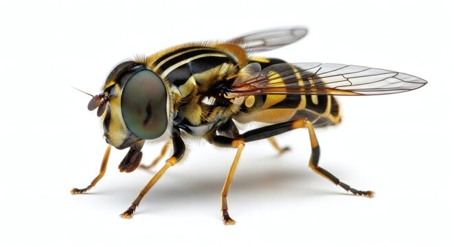 Detailed Macro Portrait of Striped Hoverfly Syrphid Fly on White Background