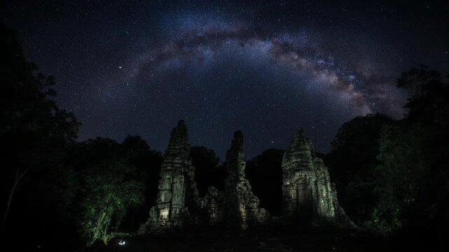 星空と古代神殿の廃墟 - 天の川が輝く深夜のタイムラプス映像