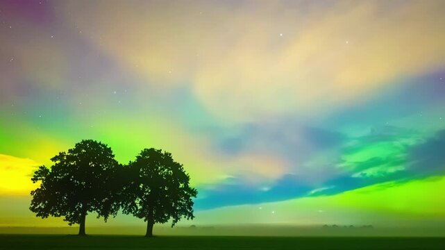 Time-lapse of vivid Aurora Borealis with lime green yellow and purple swirling sky above misty flat meadow with two silhouetted oak trees and rolling ground fog in Latvia