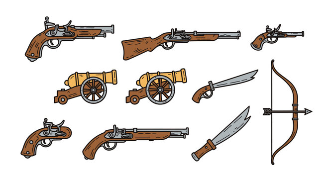 Collection of antique firearms and swords.