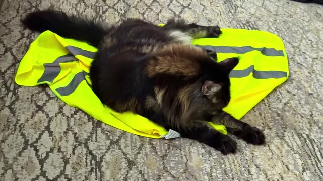 Fluffy long-haired cat lounging on a bright hi-vis safety vest with reflective strips on a home carpet, funny cozy pet moment with workplace gear indoors.