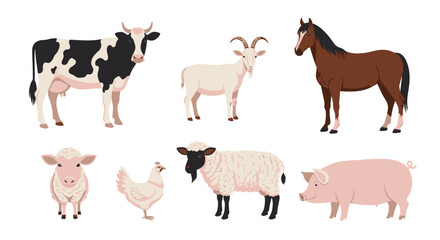 Obraz premium Farm animals standing on white background.