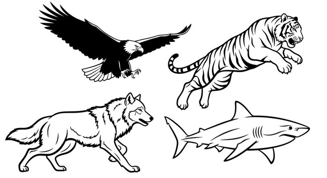 Eagle tiger wolf and shark animals.