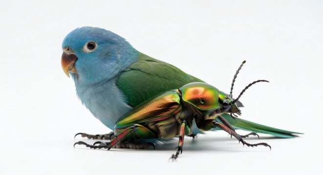 Stunning Metallic Beetle Next to Blue Parrotlet Bird on White Background