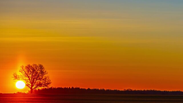 Colorful sunset gradient sky above distant tree line and countryside horizon