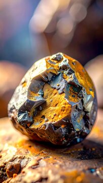Close-up of a rough, multi-colored mineral or rock specimen with a textured surface, showcasing natural geological formations and earthy tones.