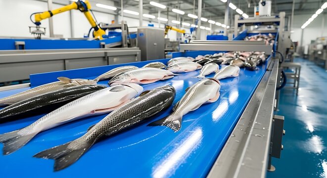 Fish processing plant shows conveyor belt carrying raw fish, industrial machinery, clean interior