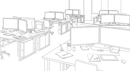 Fototapeta premium Office Workspace with Multiple Desks.