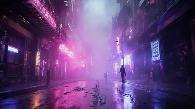 都市の煙霞・サイバーパンクネオン・夜の低アングルドリー映像