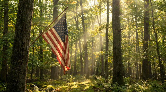 American flag waving gently in a sun-dappled forest, representing patriotism and nature's beauty