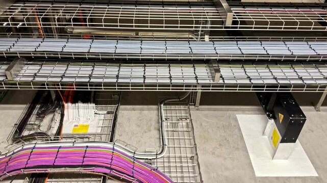 Layered metal cable trays with organized wiring in facility interior, pan down to cables organized in wire fences