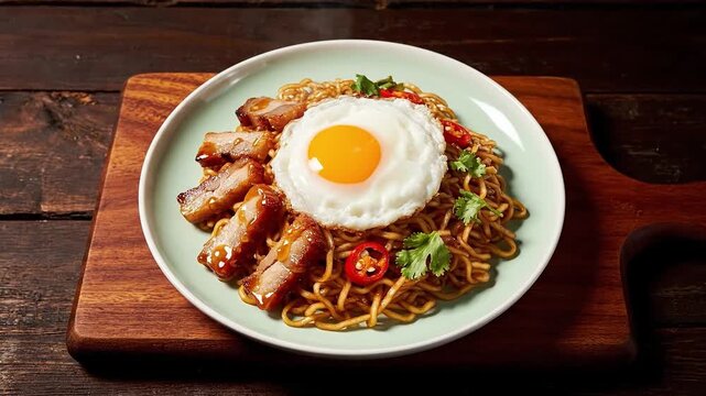 A plate of instant noodles topped with a fried egg and served on a wooden cutting board in a rustic setting with warm tones.