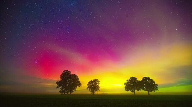 Wide-angle time-lapse of spectacular Aurora Borealis with vivid magenta pink yellow and purple sweeping curtains over flat green Latvian field with four silhouetted oak trees