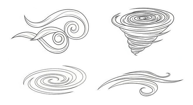 Set of stylized wind and storm elements: tornado, swirl, cloud, gust
