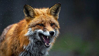 Obraz premium Intense close-up of a wild red fox snarling, showcasing its sharp teeth and powerful expression in its natural habitat, capturing the raw essence of its predatory nature and instinct
