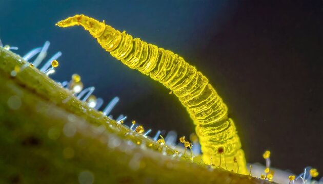 Close-up of a vibrant yellow glowing worm-like organism on a textured surface, surrounded by tiny white structures, under dark conditions.