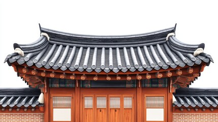 Obraz premium Korean traditional brick wall in seoul city road,south korea, sakura or Beotkkot flower in Korean language, Korean hanok roofline,spring season concept.