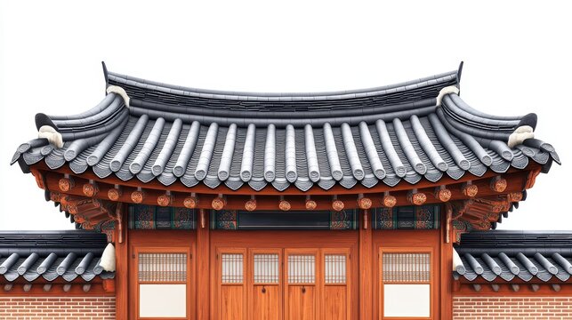 Korean traditional brick wall in seoul city road,south korea, sakura or Beotkkot flower in Korean language, Korean hanok roofline,spring season concept.