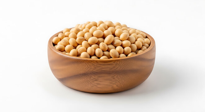 A small wooden bowl filled with golden soybeans ideal for culinary designs on transparent background