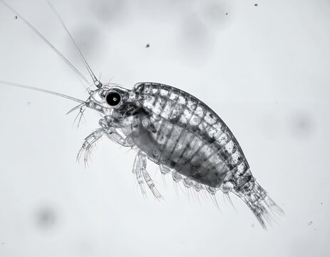 Microscopic view of a freshwater copepod, a tiny aquatic crustacean, isolated on a white background.