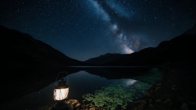 満天星空と天の川が山岳湖に映り込む真夜中オービット幻想夜景映像