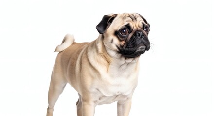 Obraz premium Cute Fawn Pug Pedigree Dog Standing Isolated on White Studio Background