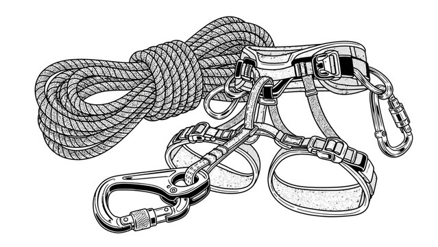 A detailed illustration of a coiled rope with attached carabiners and climbing gear on a plain white background.