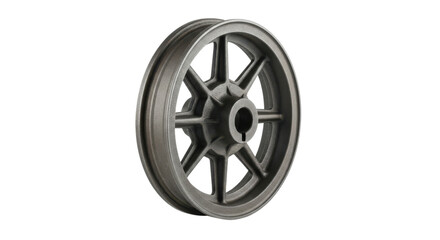 Obraz premium Gray metal pulley wheel with eight spokes and central bore image, Isolated On Png Transparent Background