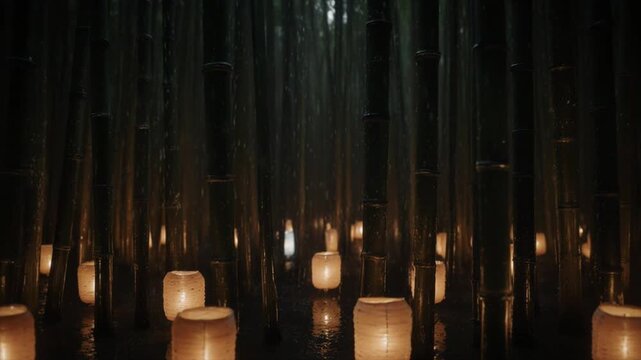 夜の竹林・提灯の灯りと雨が幻想的な横移動シネマ映像