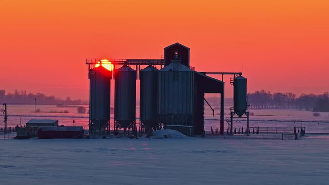 Drone panning shot of grain silos at sunset with orange sky and snowy farmland landscape.