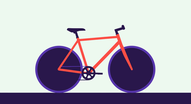 Minimalist Vector Illustration of a Modern Urban Bicycle, Stylish Road Bike Profile with Orange Frame and Solid Purple Wheels