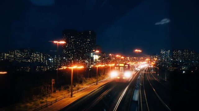 夜行列車・窓に映る乗客のシルエットと都市光の二重映し・ノワール映像